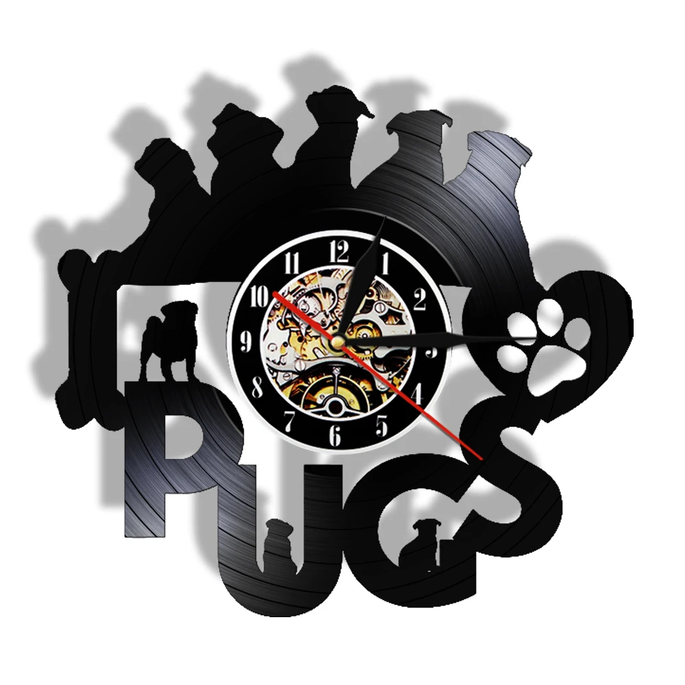 I Love Pugs Puppy Cute Dog Vintage Vinyl Record Wall Clock Silent Movement Clocks Retro LP Art Crafts Home Decorative Wall Watch