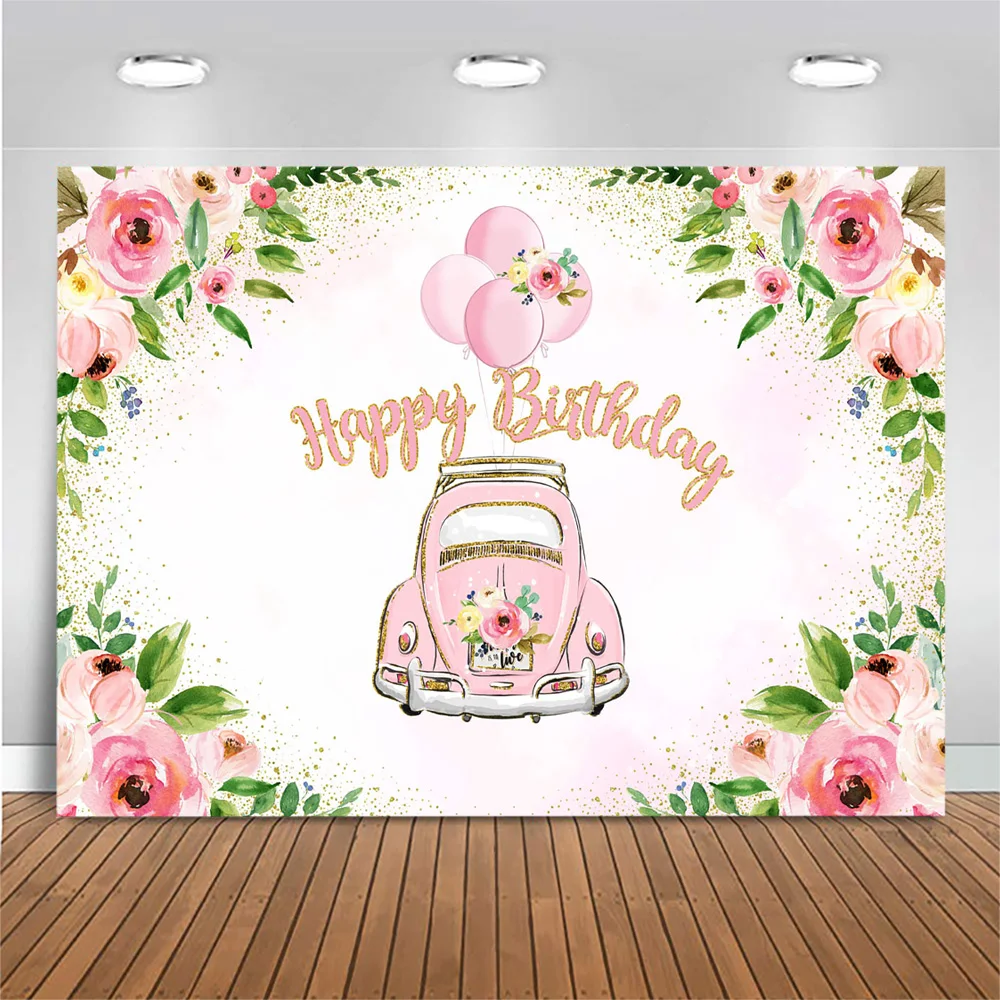 

Mocsicka Happy Birthday Backdrop for Photography Pink Balloons Car Flower Leaves Girl Birthday Background Decoration Photo Shoot