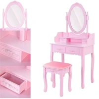 Yonntech Modern Makeup Table Home Pink Dresser with Mirror Stool and 4 Drawers in MDF Household Bedroom Dressing Table