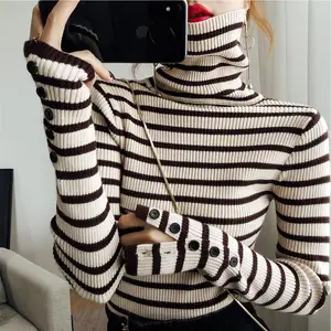Women's bottoming sweater sweater with net red slim slim high-neck striped sweater top