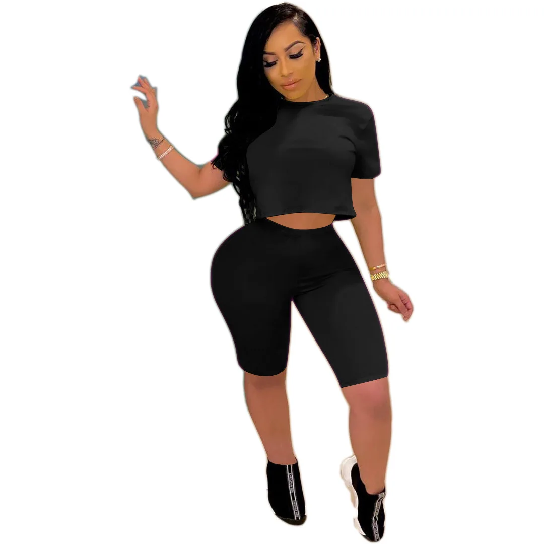 

Solid Tracksuit Women 2 Piece Set 2020 Summer Crop Top and Shorts Set Jogging Femme Biker Shorts Black Women Clothes Cute Outfit