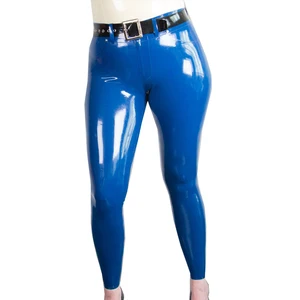 Женские сексуальные синие латексные колготки, джинсы, женские Фетиш-резиновые брюки с ремнем, искусственная кожа, индивидуальный сервис BNLTW040