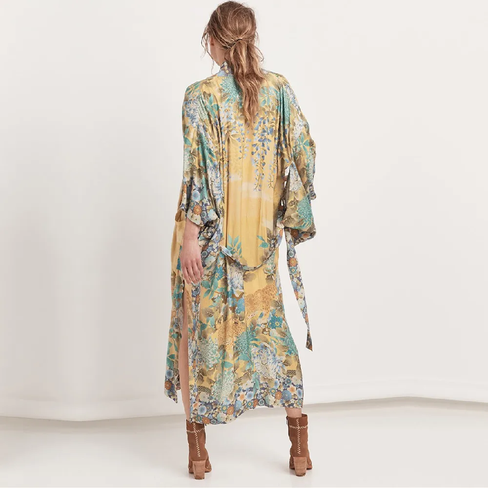 Хлопковое пляжное кимоно женская накидка Пляжная с принтом туника # Q843 | Женская