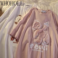 casual bear t shirt girls summer women t shirt 2021 harajuku embroidery cartoon bear loose short sleeve tshirts top tee