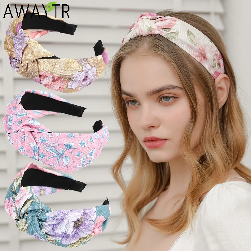 

AWAYTR New Wide Top Knot Hair Bands Hoop For Women Headdress Bow Print Headbands Bezel Girls Hairband Female Hair Accessories