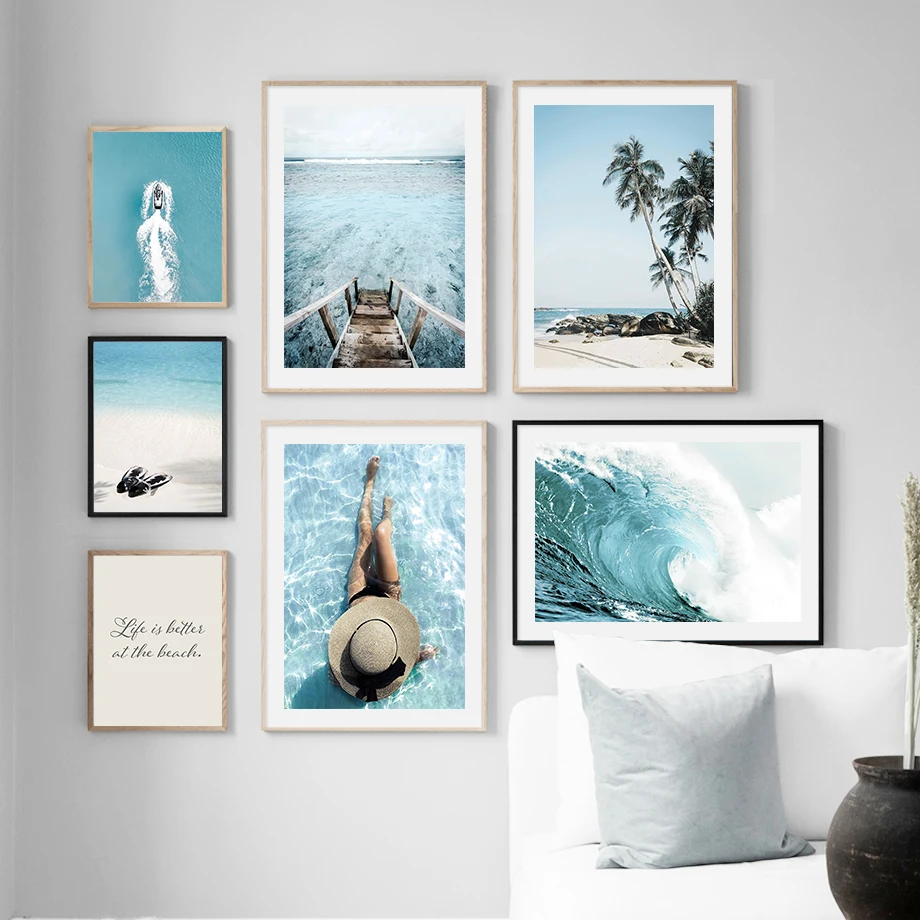 Sea Beach Canvas Painting Coconut Tree Sailboat Waves Wall Art Nordic Posters And Prints Pictures For Living Room Decor | Дом и сад