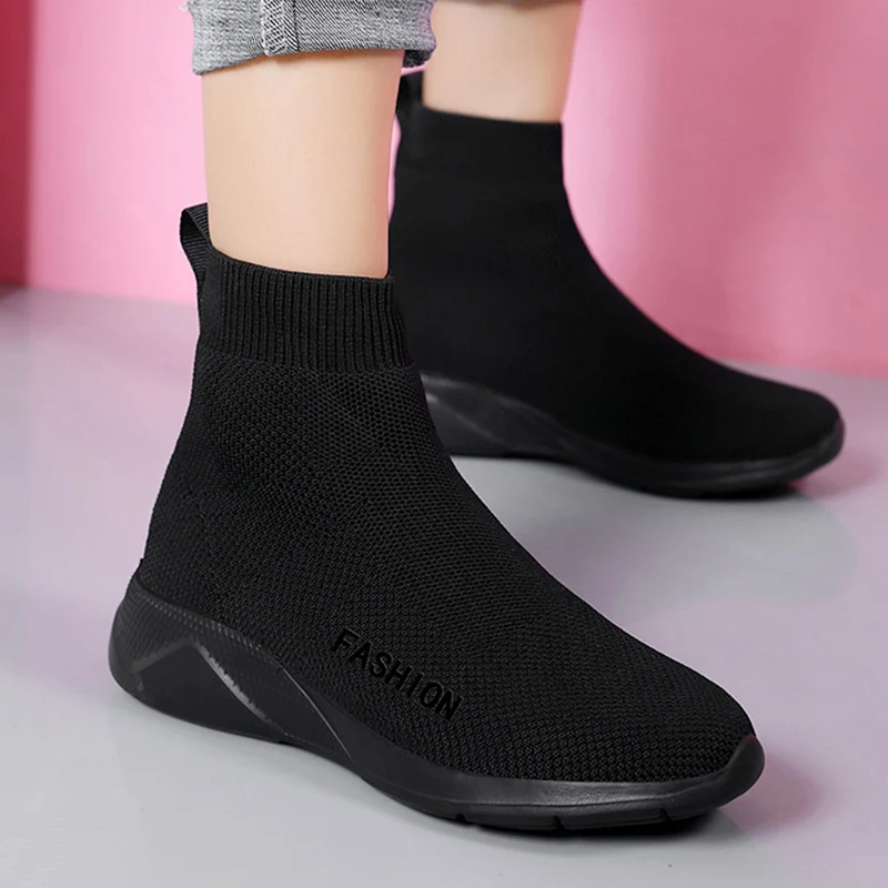 Black Sports Socks Shoes Women Fashion Tennis Flats Summer 2023 High Top Elastic Sneakers Slip On Casual Woman Barefoot Shoes