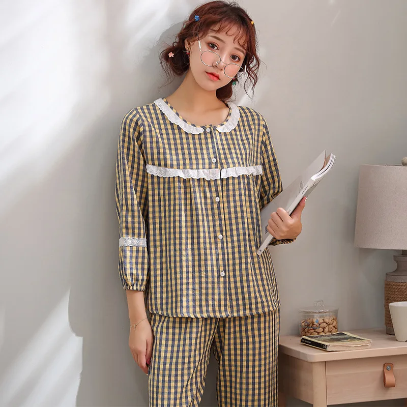 Women Pajamas Set Sleeping Suits Lace Plaid Cute Sleepwear Casual Home Clothing Female Pyjamas Princess Nightwear PJ Sets Pink