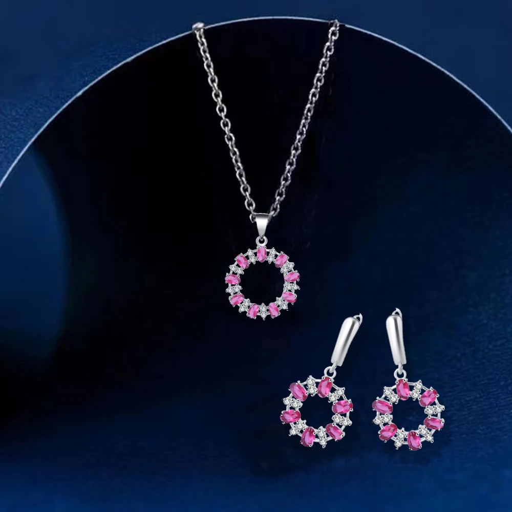 

ROLILASON pink round crystal zircon set earrings necklace pendant chain high-end exquisite fow women girl JS797