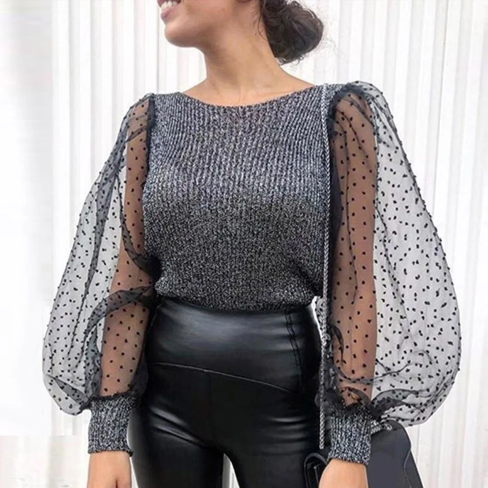 

2021 Fashion Women Blouses Polka Dots Transparent Mesh Lantern Sleeve Casual Tops Women Summer Elegant Patchwork Office Blouse