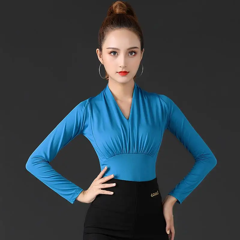

Latin Dance New Female Adult Modern Tops V-neck National Standard Dance Tops Ballroom Dance Costumes Performance Dance Clothes