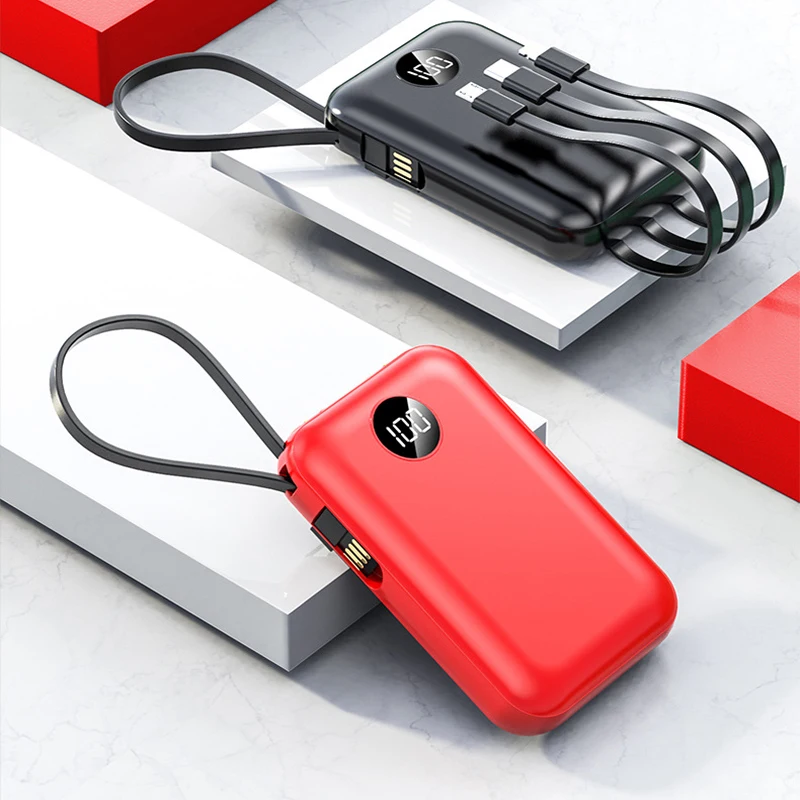 

20000mAh Mini Power Bank Built in Cable Portable Charger LED Display Powerbank External Battery Pack Poverbank For Mobile Phones