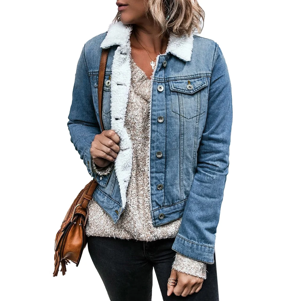 

Women Thick Jean Jacket Casual Slim Solid Long Sleeve Turndown Collar Denim Coat Autumn Fashion Fleece Denim Jacket Overcoat