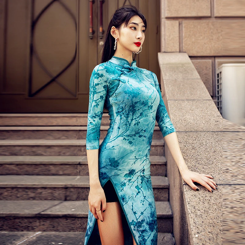 Blue Dress Новое платье для латинских танцев, платье чонсам, вечерняя одежда для сцены, одежда для соревнований, женское стандартное бальное платье для танго BL2586 - Цвет: Blue Dress