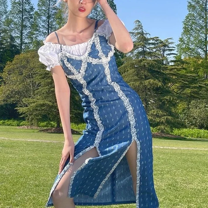 

Пикантная обувь из джинсовой ткани с кружевной полоской и головной повязкой платье для женщин в Корейском стиле примечание принт Разделени...