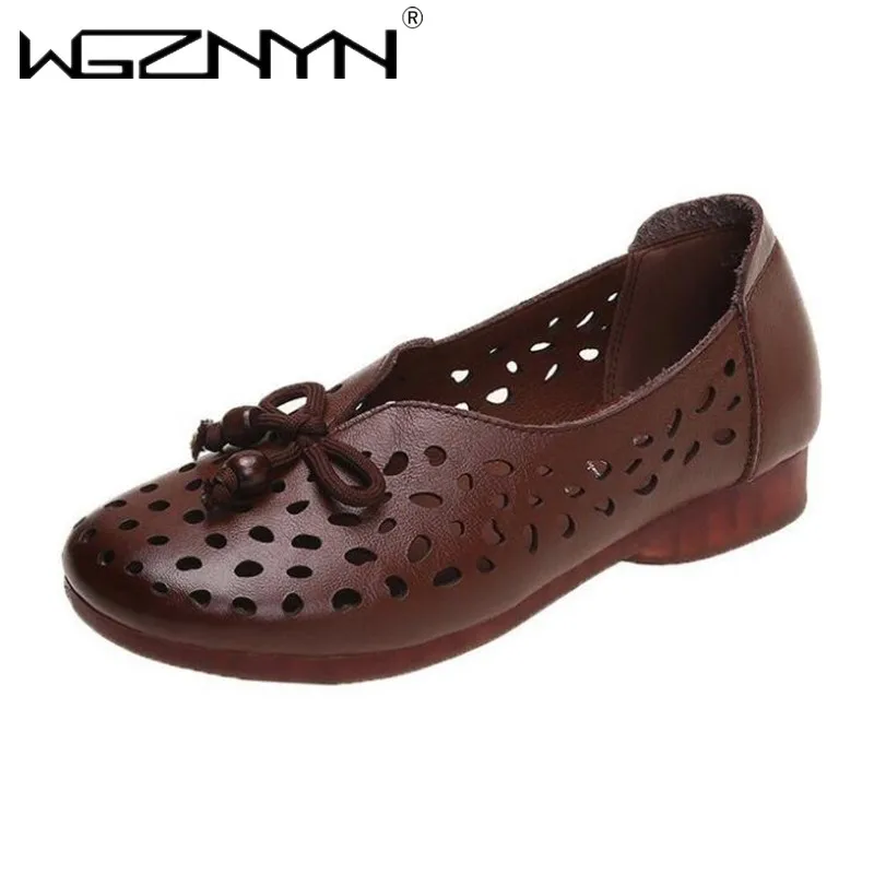 

Comfortable Bowtie Mom Flats Woman Retro Shoes Summer Autumn Hollow Genuine PU Leather Shoes Female Women's Loafers Casual Soft