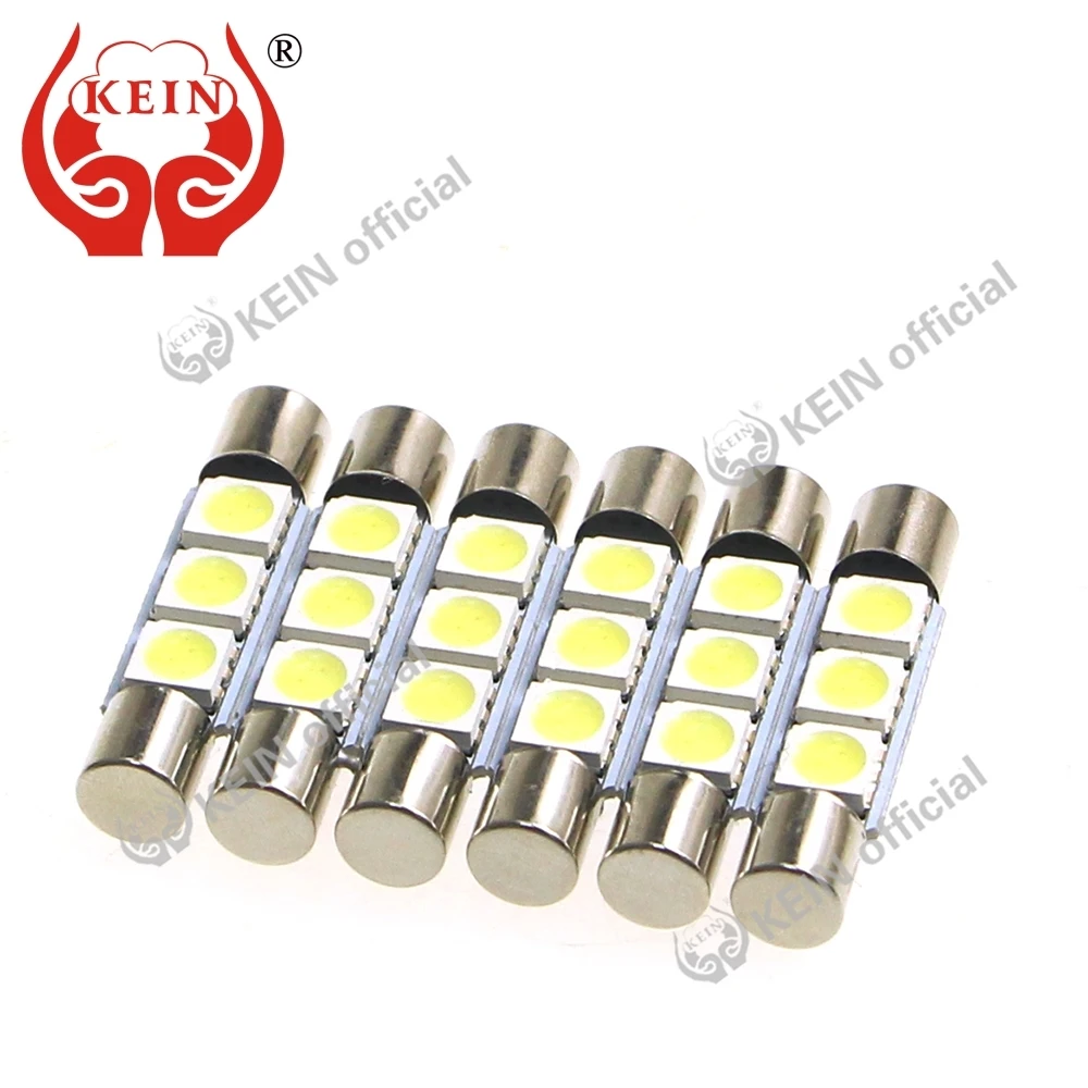 

KEIN 10pcs 28mm T6 led car Bulb festoon blue T6.3 5050 3smd Interior Lighting Door Reading Vanity Mirror Signal Lamp 12V white