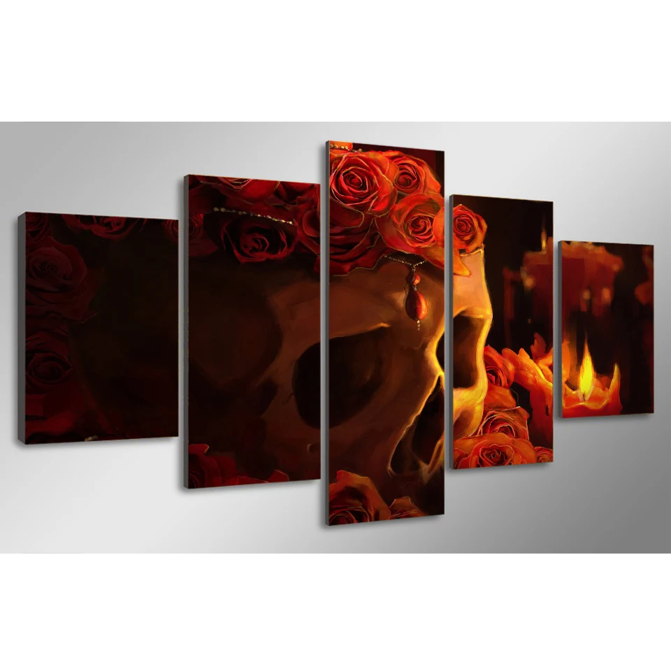 Модульная картина для домашнего декора 5 панелей красные розы Череп гостиная HD