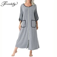 plus size winter nightgown wome stripe long sleelve nightdress fashion home dress gown loungewear house coat