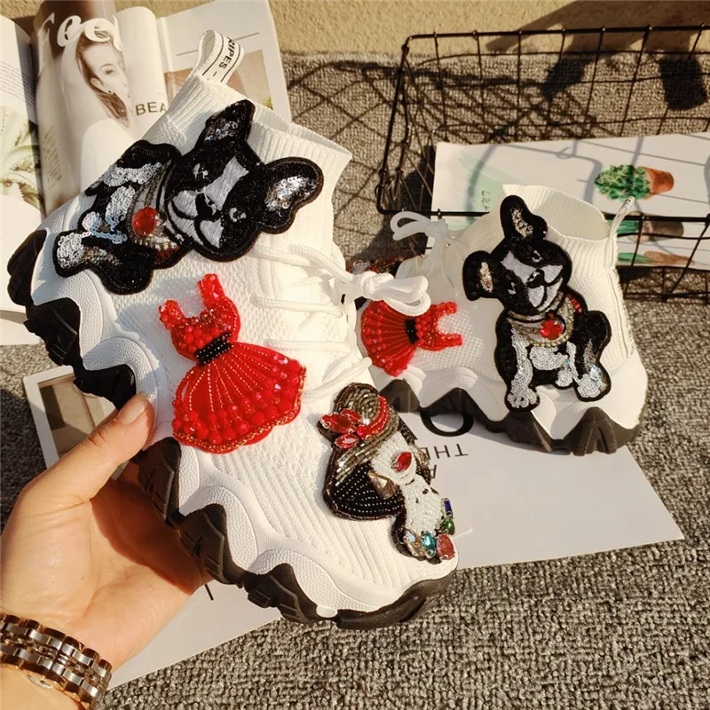 

Fashion Women's Stretch Fabric Sock Shoes Flat Platform Casual High Top Beads Cartoon Pattern Dog Rhinestones J20