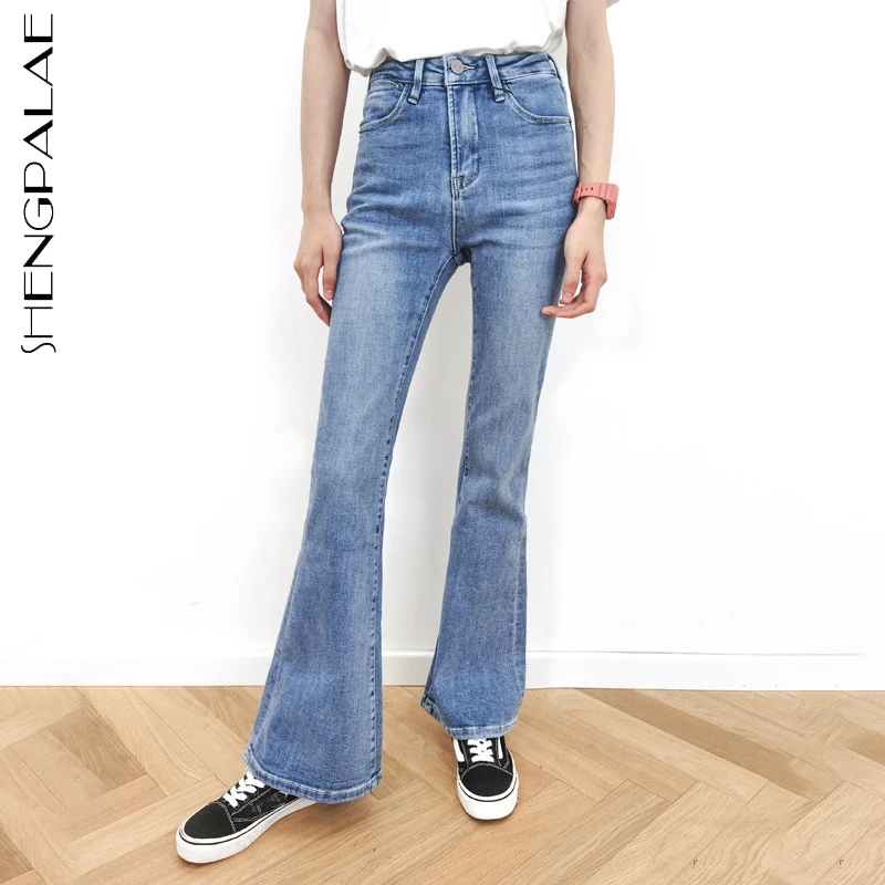 

SHENGPALAE Streetwear Fashion Solid Color Jeans Women's Autumn 2021 New High Waist Elastic Slim Flare Demin Pants Female Tide
