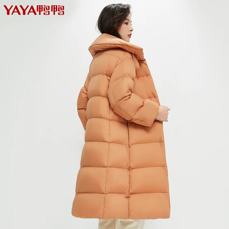 YAYA-Chaqueta de plumón de pato para mujer, abrigo largo y grueso, Parka acolchada con bolsillo oblicuo, cuello alto debajo de las rodillas, invierno, 2021