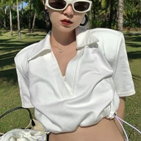 2021 white shoulder pad polo neck top drawstring short sleeve solid color navel t shirt womens summer