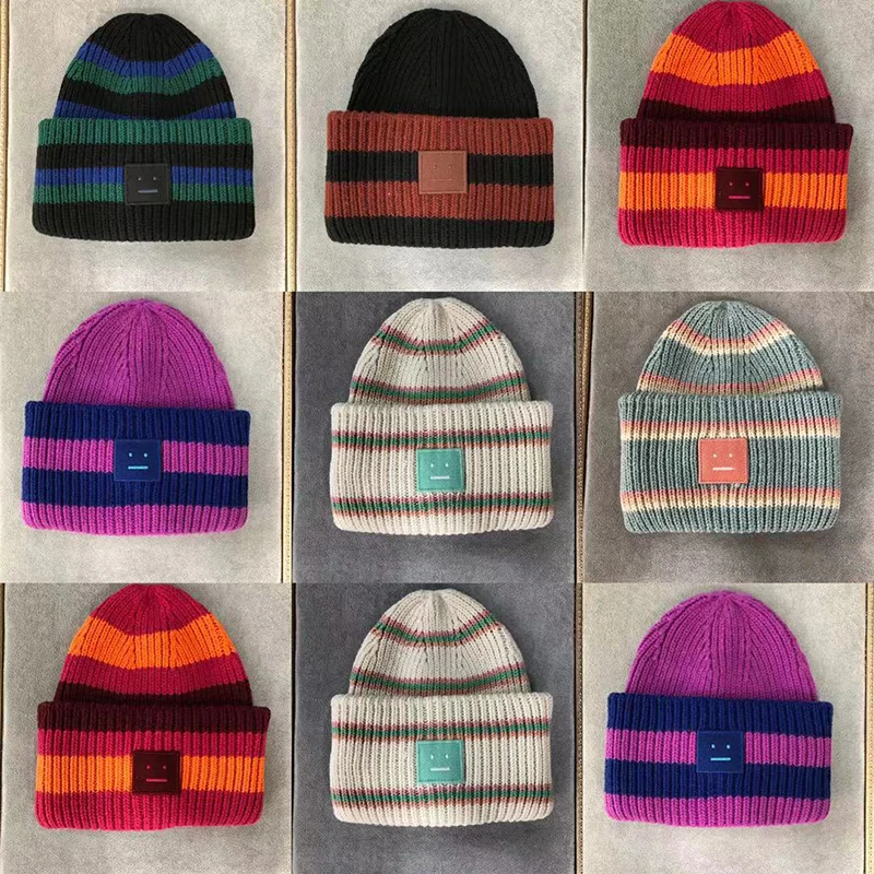 

2022 AC Winter Hat Women Men Knit Cap Smiling Face Couple Hat Female Male Brand Spring Autumn Hood Stripe Knitted Beanie Chapeau