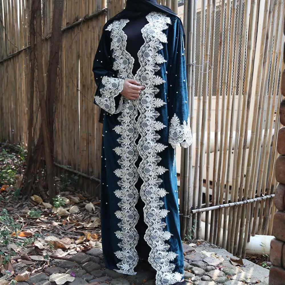 2021 Fashion Velvet Abaya For Women Loose Lace Stitching Beaded Gold Cardigan Dubai Islamic Robe Elegant Kimono | Тематическая