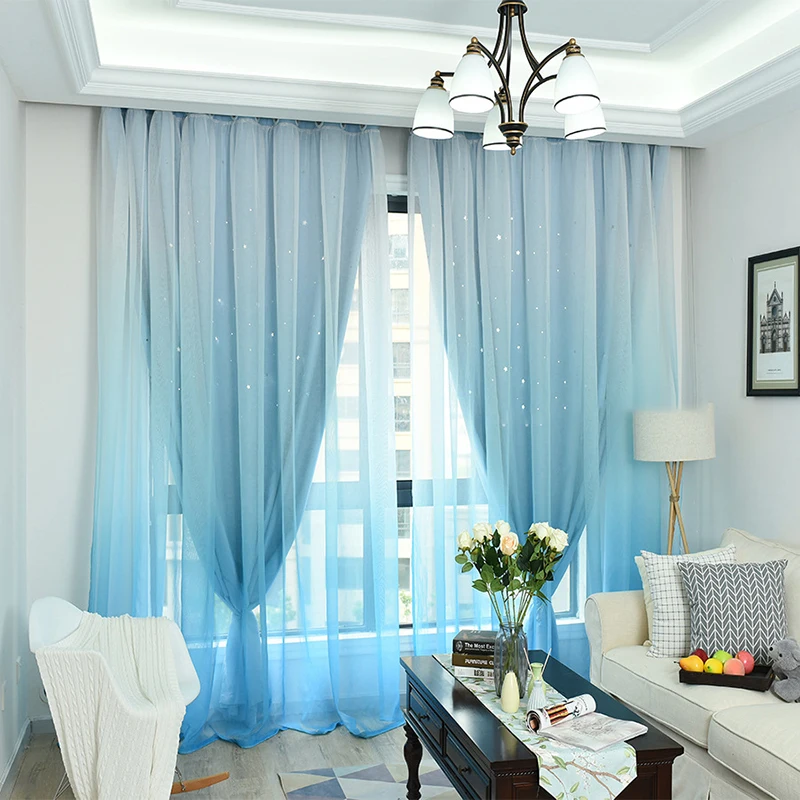 

Nordic Style Curtains for Living Room Bedroom Gradient Stripes Hollow Stars Blackout Double-deck Gradient Curtains