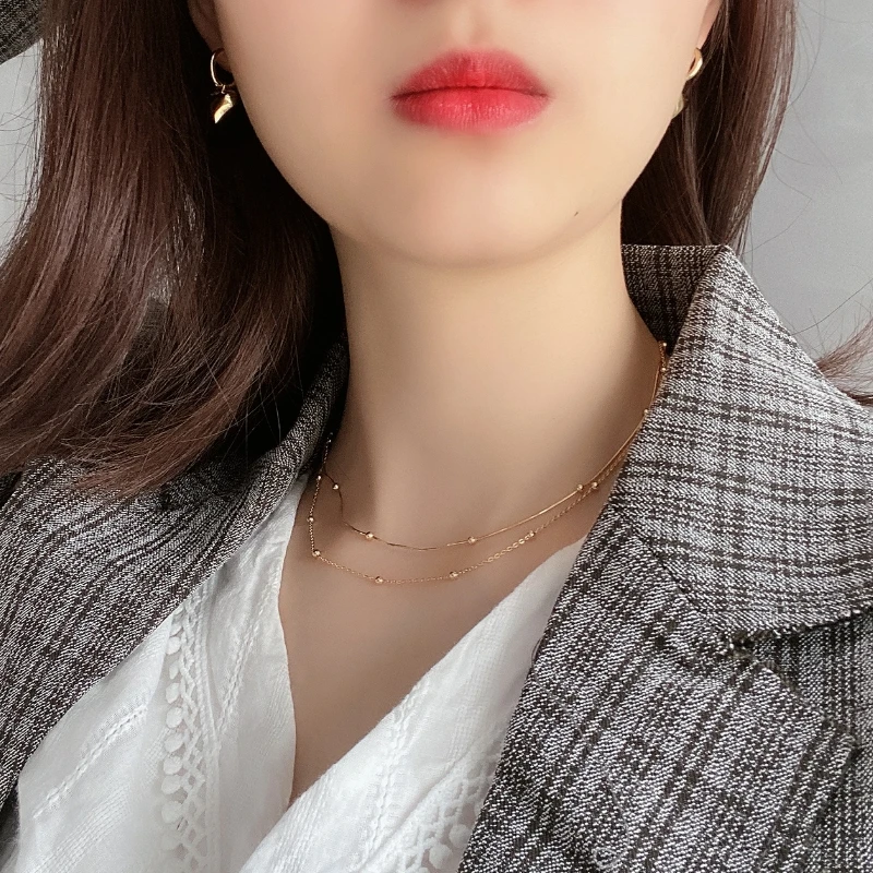 

925 Silver Double layer Necklace Beads Chain Jewelry Minimalism Chocker Kolye Vintage Collier Bijoux Femme Women Necklace