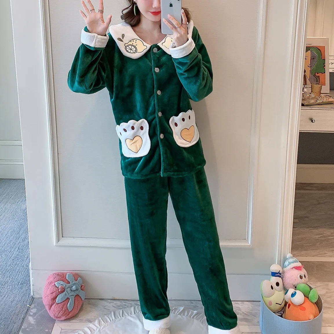 

2PCS Sleep Set Winter New Home Clothing Intimate Lingerie Lovely Flannel Pajamas Suit Women Novelty Cartoon Sleepwear Pyjamas