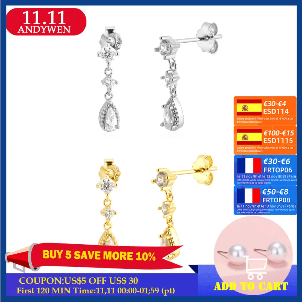 

ANDYWEN 925 Sterling Silver Drop Earring Women Piercing Clear Zircon Fashion Jewelry For Women 2021 Gift Fow Mother Day Clips