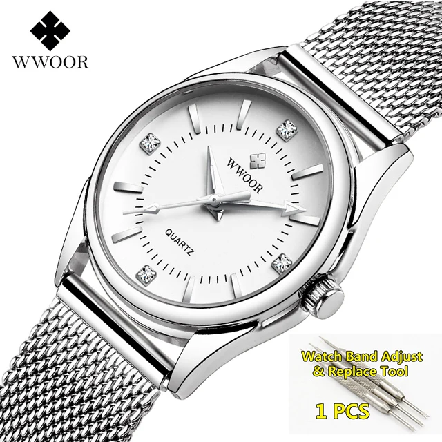 silver-with-tool WWOOR Для женщин часы Элитный бренд платье с бриллиантами золотые наручные часы Нержавеющая сталь женские часы золотые кварцевые часы Для женщин - Цвет: silver-with-tool