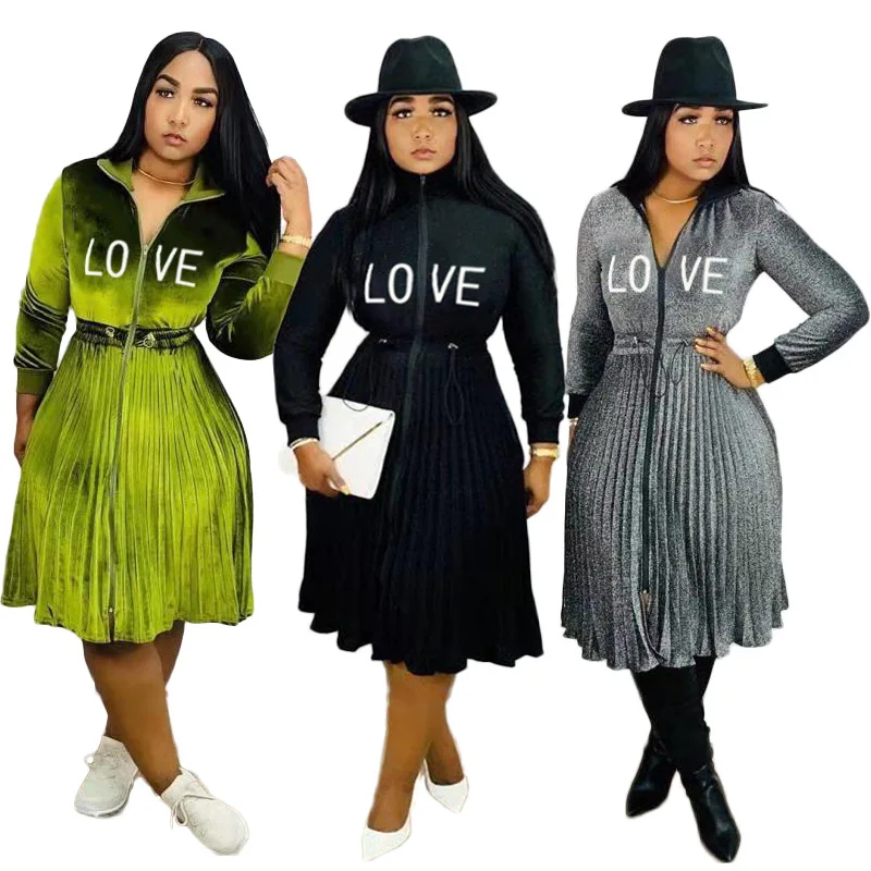

Women's Autumn and Winter European and American Fashion New Style Suede Embroidery Drawstring Waist Solid Color Pleated Skirt