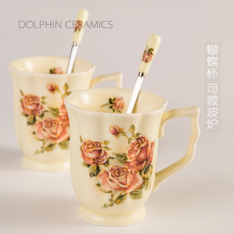 

Korean high temperature resistant queen rose ceramic milk breakfast tea cup milk tea cup butterfly cup delivery spoon microwave