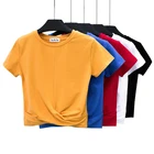 Женская футболка, укороченный топ, летняя рубашка, женский укороченный топ с круглым вырезом, повседневная Однотонная футболка, хлопковая Camiseta Mujer