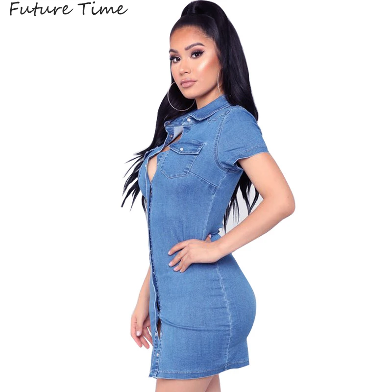 Джинсовое платье Соблазнительные мини платья с V образным вырезом облегающее