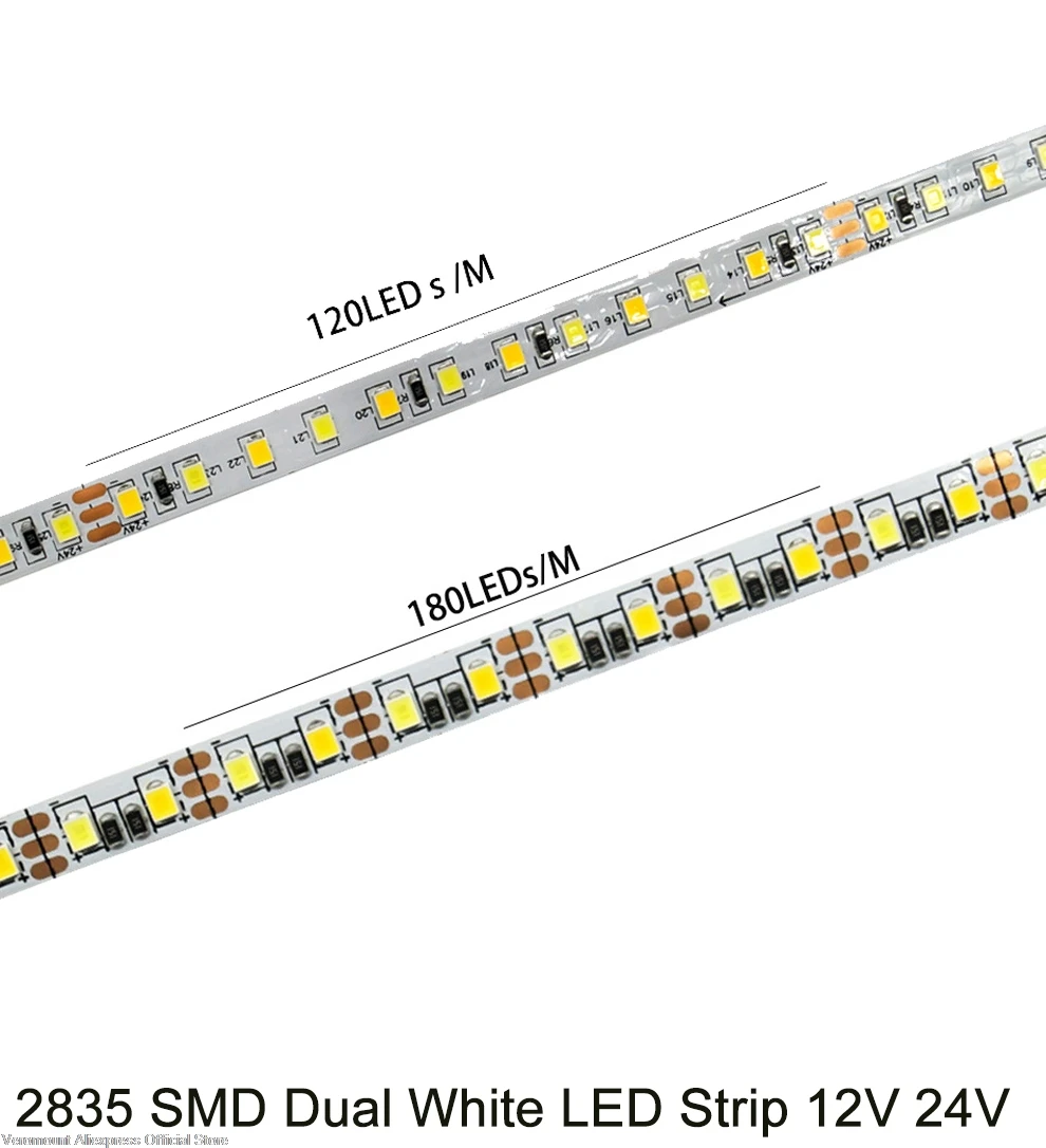 5m Dual White Color SMD 2835 CCT Dimmable LED Strip Light 12V 24V DC WW CW Color Temperature Adjustable Flexible LED Tape Ribbon
