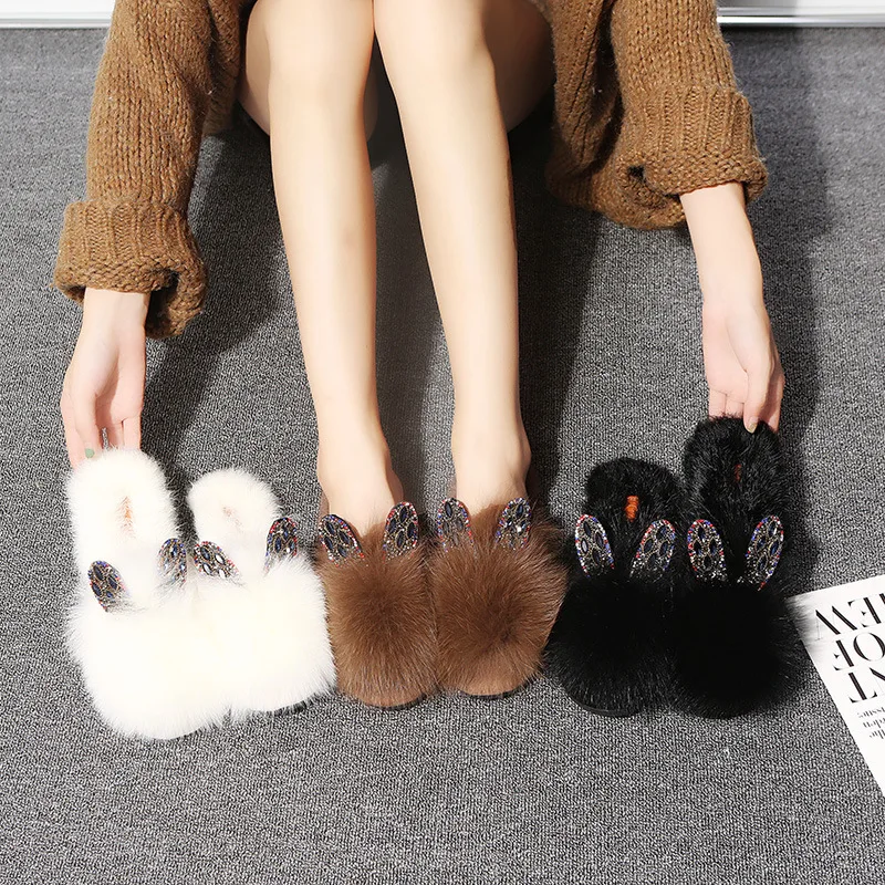 Женские туфли на плоской подошве Осенние Шлепанцы из натурального кроличьего