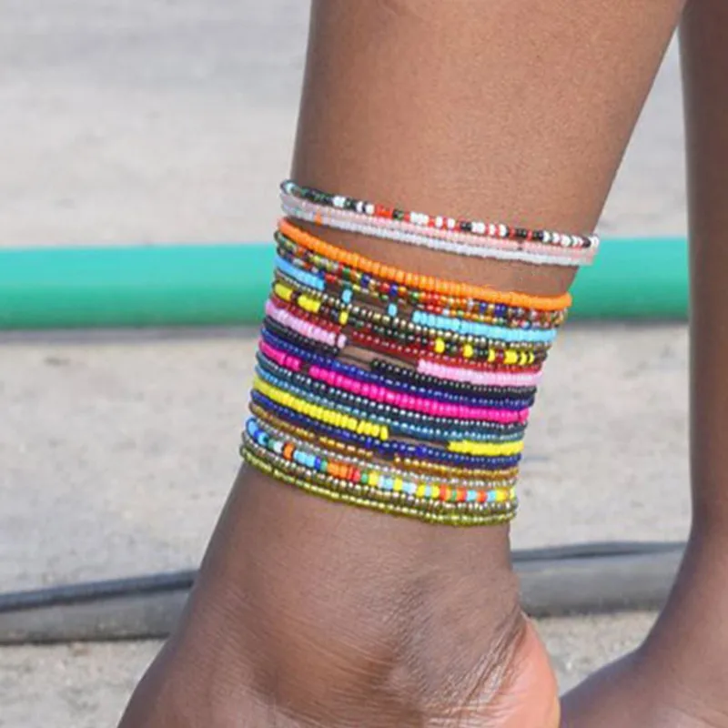 

FEEHOW Summer Variety of Colors Rice Beads Anklets Bracelets Multi-purpose Beach Trends Women Foot Chain for Drop shipping