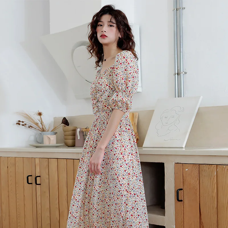 

French dress summer new women's new goddess fan knee-length bubble sleeve dress
