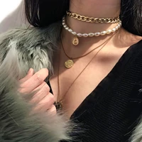popular europe japan and south korea retro pearl coin crystal pendant multi layer combination necklace clavicle chain female