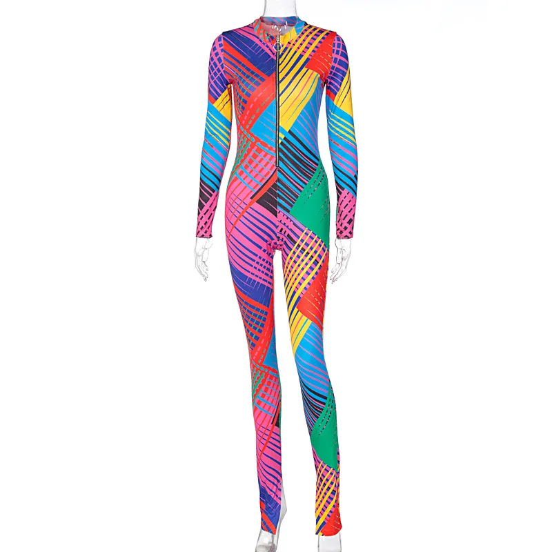 

BOOFEENAA Geometric Colorful Print Zipper V Neck Long Sleeve Bodycon Jumpsuit Women Active Wear Sporty One Piece Outfit C16-CI33
