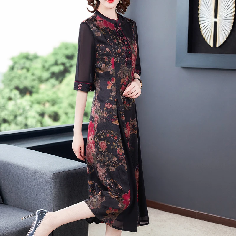 Женское платье в китайском стиле длинное с рукавом средней длины для лета 2020 |