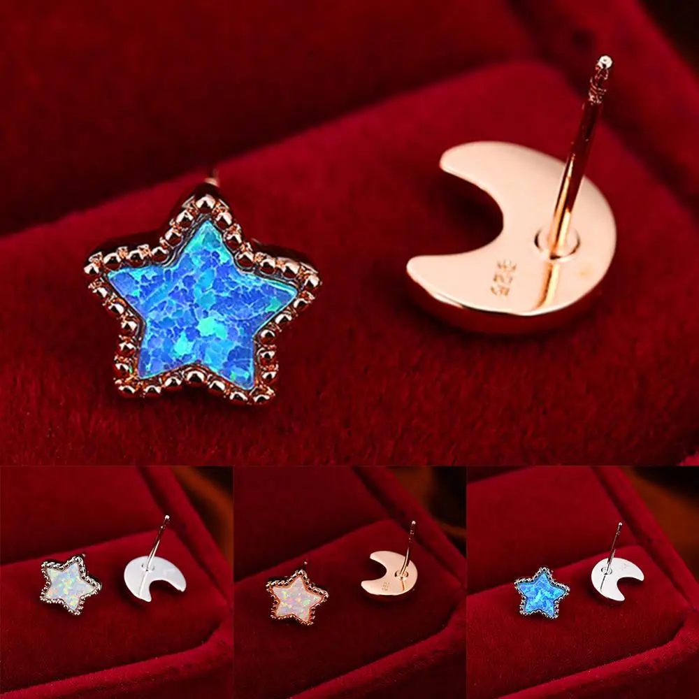 

Charm Female Blue Opal Asymmetrical Earrings Rose Gold Silver Color Stud Earrings For Women Trendy Star Moon Wedding Earrings