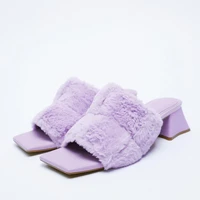2022 new za high heels fluffy slippers cozy faux fur outdoor slides soft furry ladies celebrities flip flops sandals