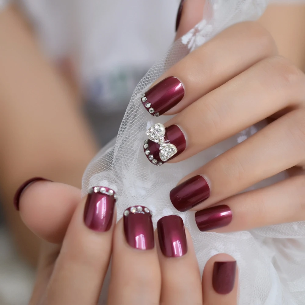 Короткие ювелирные изделия искусственные ногти с бантом на заказ набор из темно