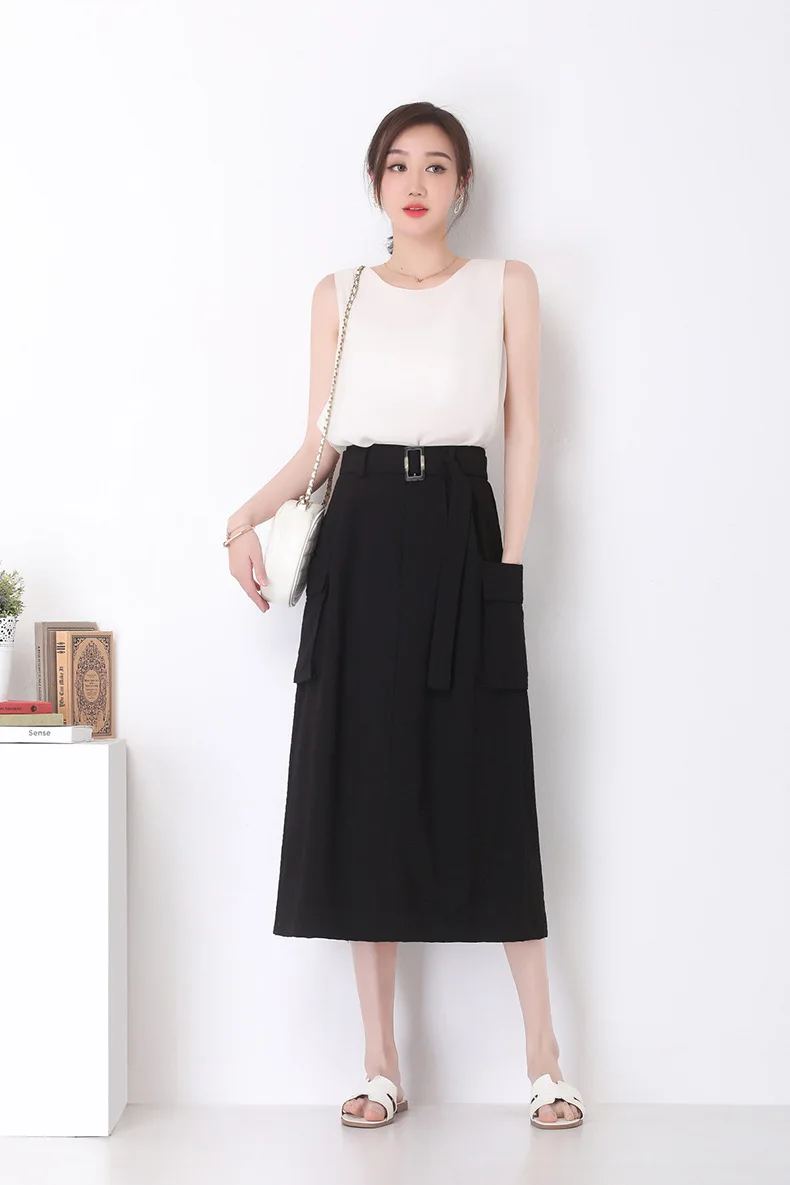 

Women Big Pocket Long Black Skirt High Waist Fashion Korean Plus Size Office Lady Elegant Spring Summer Work A-line Skirt 5821