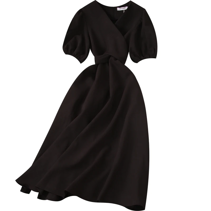 

grandiflorum first love dress retro long skirt over the knee cross tie Mori temperament V-neck dress goddess model